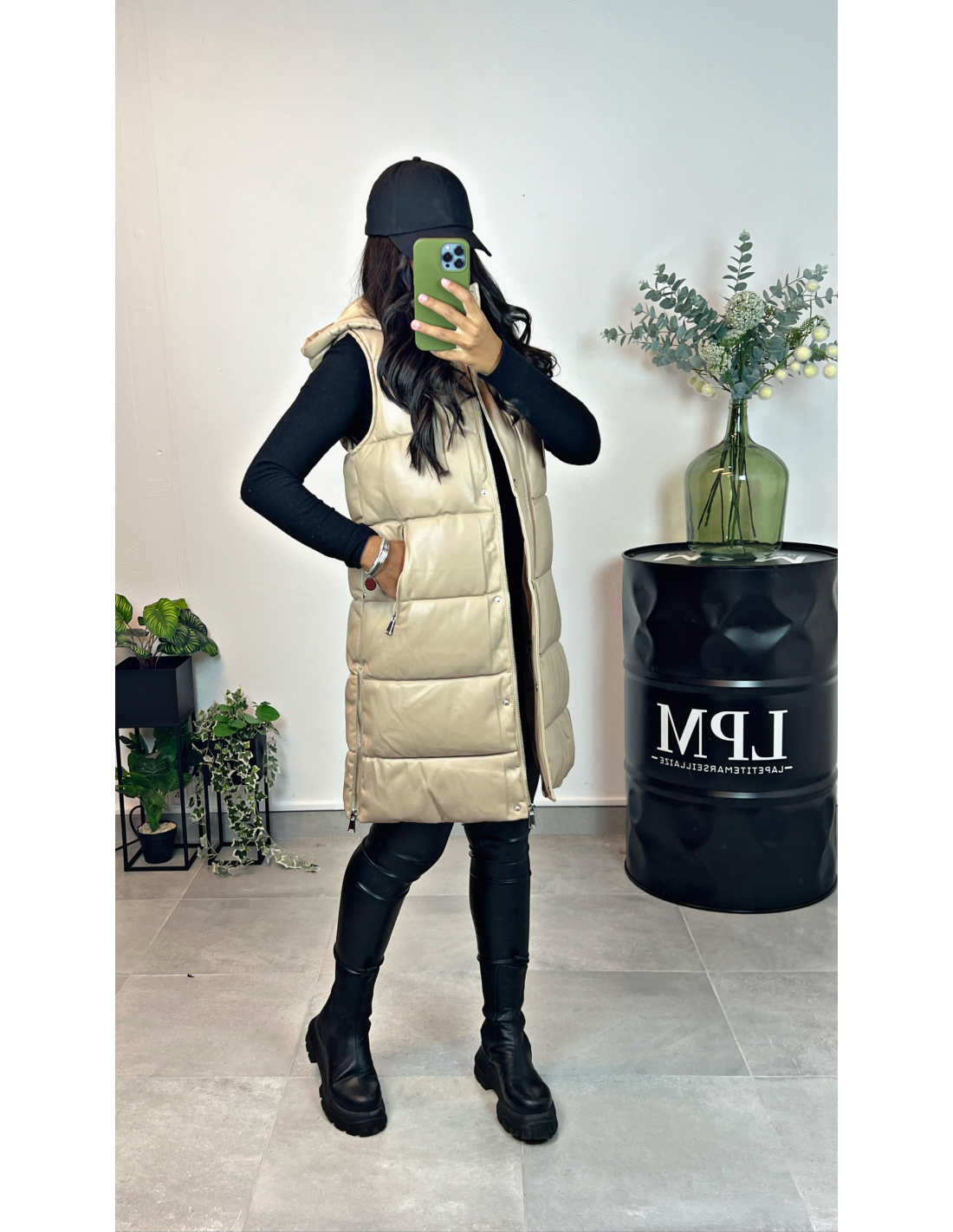 Doudoune simili cuir beige